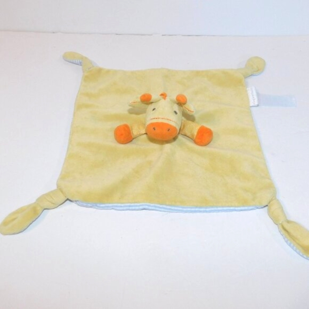 Elegant Baby Yellow Giraffe  Security Blanket Blue White Striped Knotted Corner